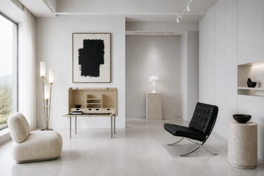 Galerieraum mit Sekretär, Stehleuchte, hellem Sessel und schwarzem Ledersessel mit Flachstahlgestell