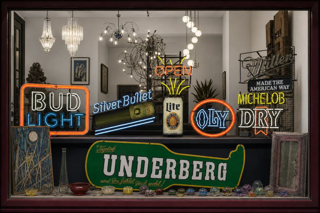 Schaufenster am Abend mit leuchtenden alten Reklameschildern