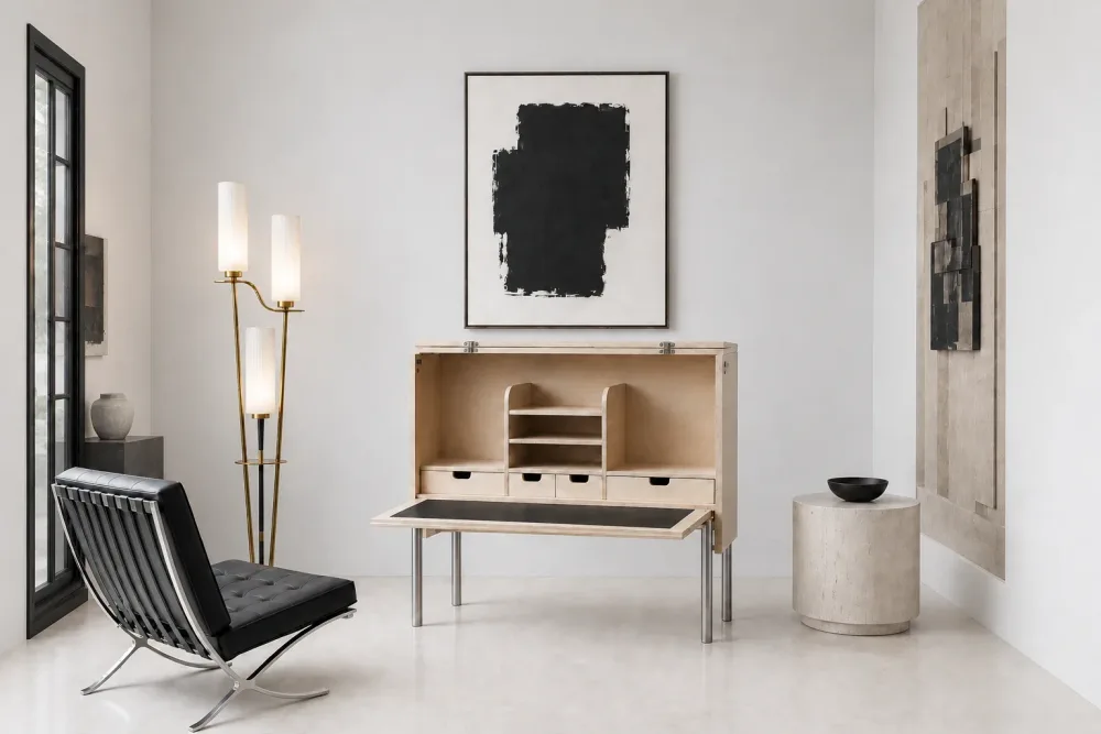 Schaufenster Designbüro mit Sekretär und Barcelona Sessel
