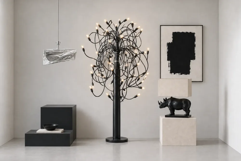 Schaufenster mit skulpturalen Leuchten