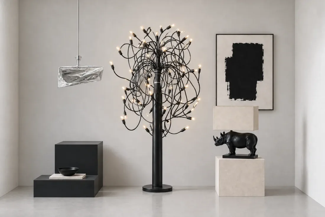 Schaufenster mit skulpturalen Leuchten aus Metall und Glas