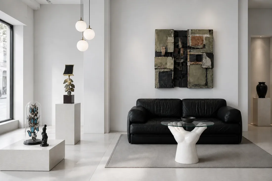 Galerieraum mit schwarzem Ledersofa unter einem Wandrelief, Glastisch auf einer Hand als Fuß, Kugelpendeln und Schmetterlingen unter einer Glasglocke