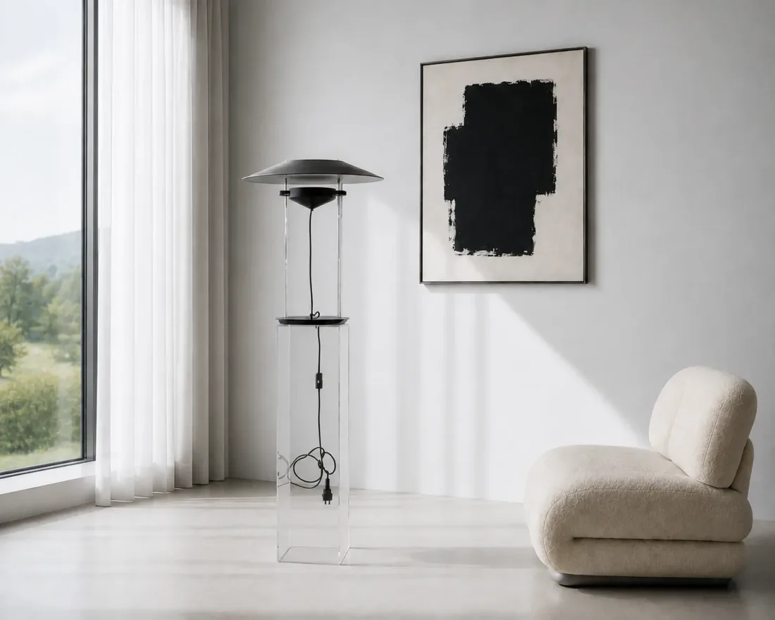 Stehleuchte mit flachem schwarzem Metallschirm auf einer Säule aus klarem Acryl vor einer weißen Wand mit einem Bild aus schwarzer Fläche, daneben ein heller Polstersessel
