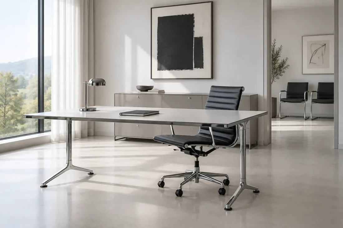 Schreibtisch mit Aluminiumgestell und Bürostuhl aus Leder
