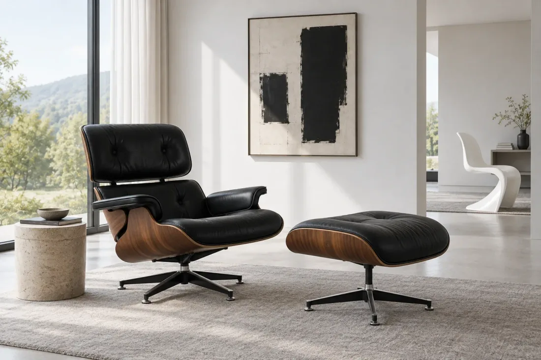 Lounge Chair mit Hocker aus Schichtholz und schwarzem Leder