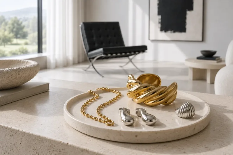 Modeschmuck in Gold und Silber auf einer Steinschale