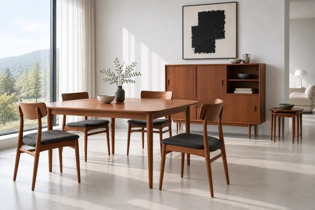 Esstisch mit vier Stühlen und Highboard aus Teak