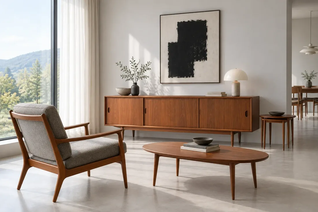 Sideboard, Sessel und ovaler Couchtisch aus Teak