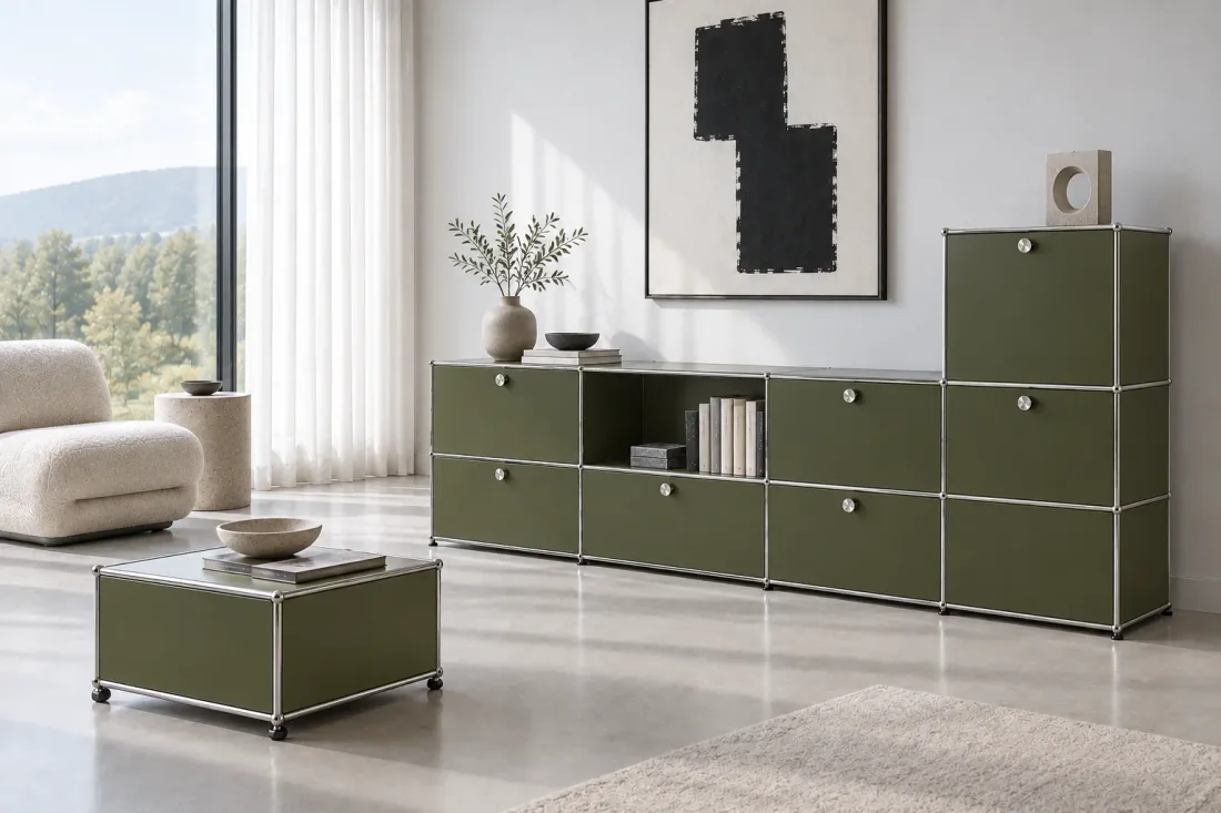 Olivgrünes Stahlsystem mit Klappen und ein niedriger Rollcontainer