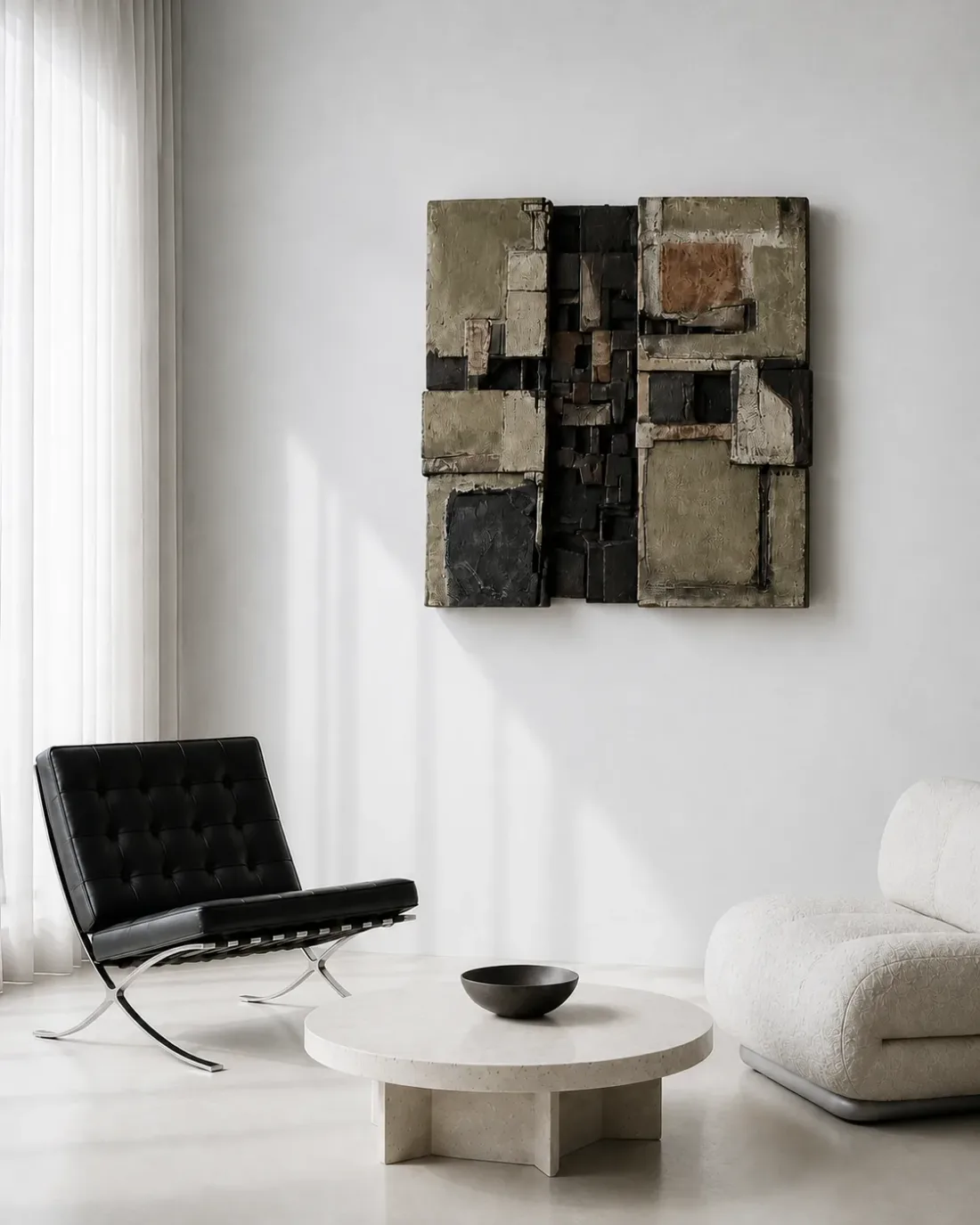 Quadratisches Wandrelief aus Leinwandstücken und Holz in Grau, Beige und Rostrot an einer weißen Wand, davor ein schwarzer Ledersessel auf Flachstahl und ein runder Steintisch mit Schale