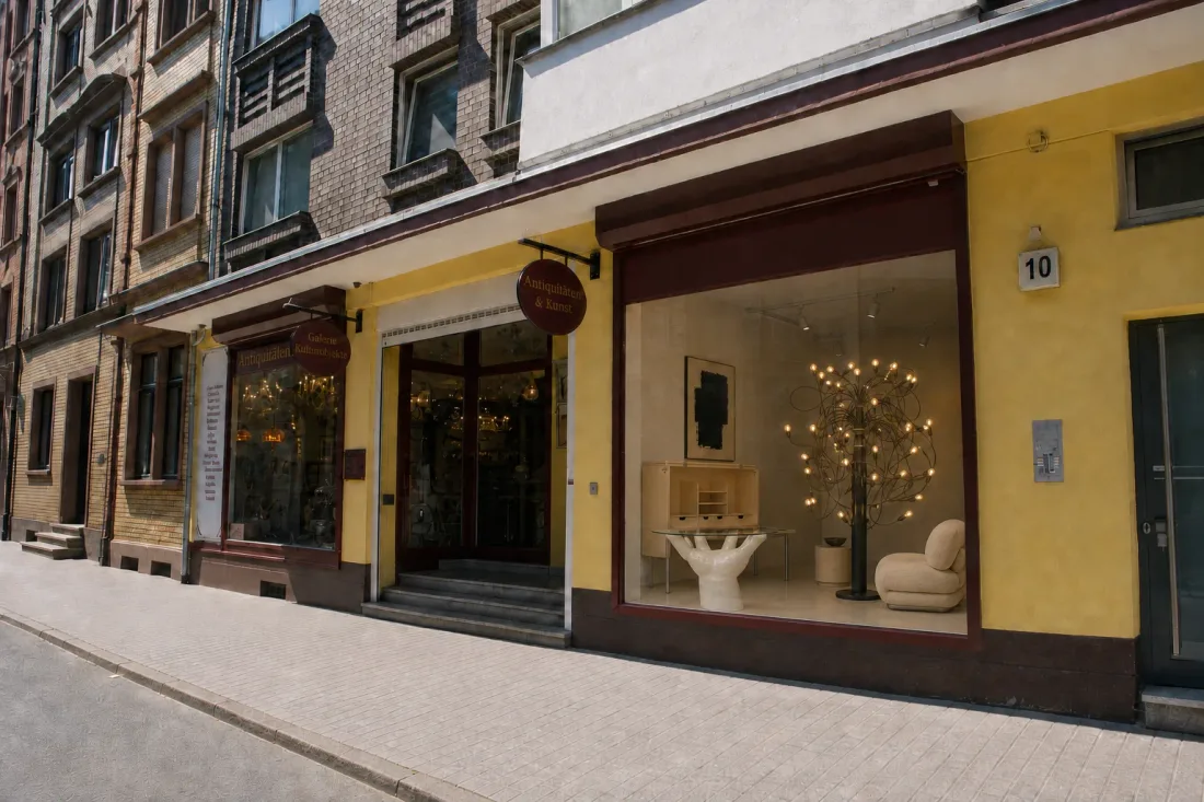 Ladenfront mit gelber Fassade und Schaufenster, darin eine Bodenleuchte mit vielen Armen