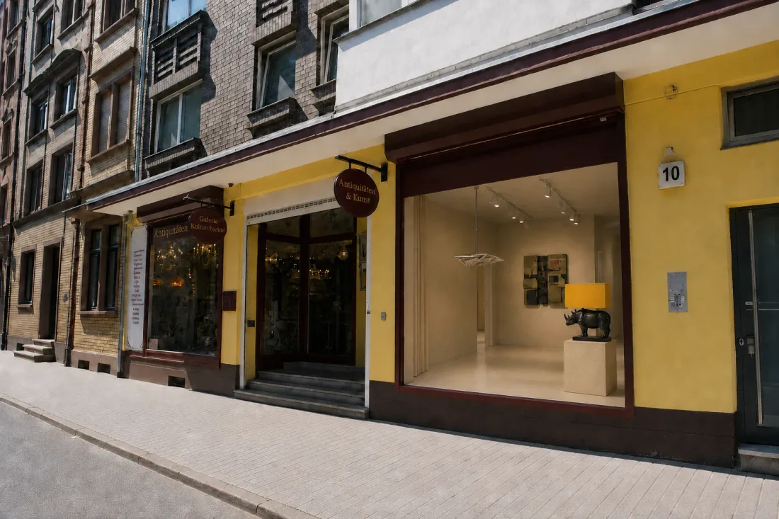 Ladenlokal mit gelber Fassade, im Schaufenster eine Leuchte in Tierform und ein Wandrelief